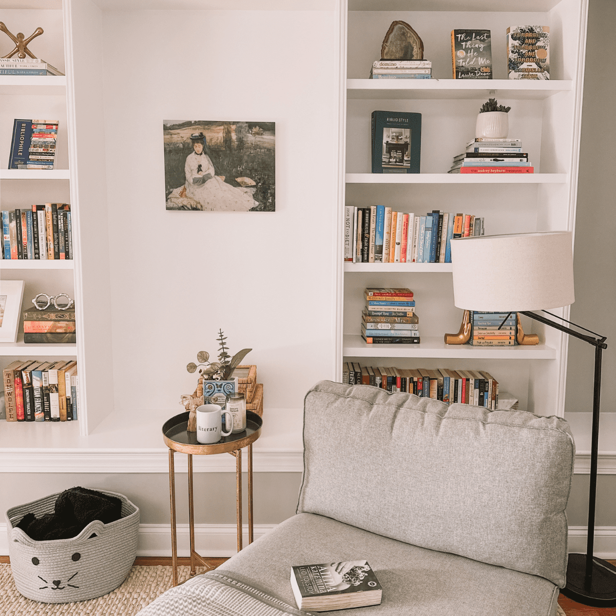 bookshelves and reading chair