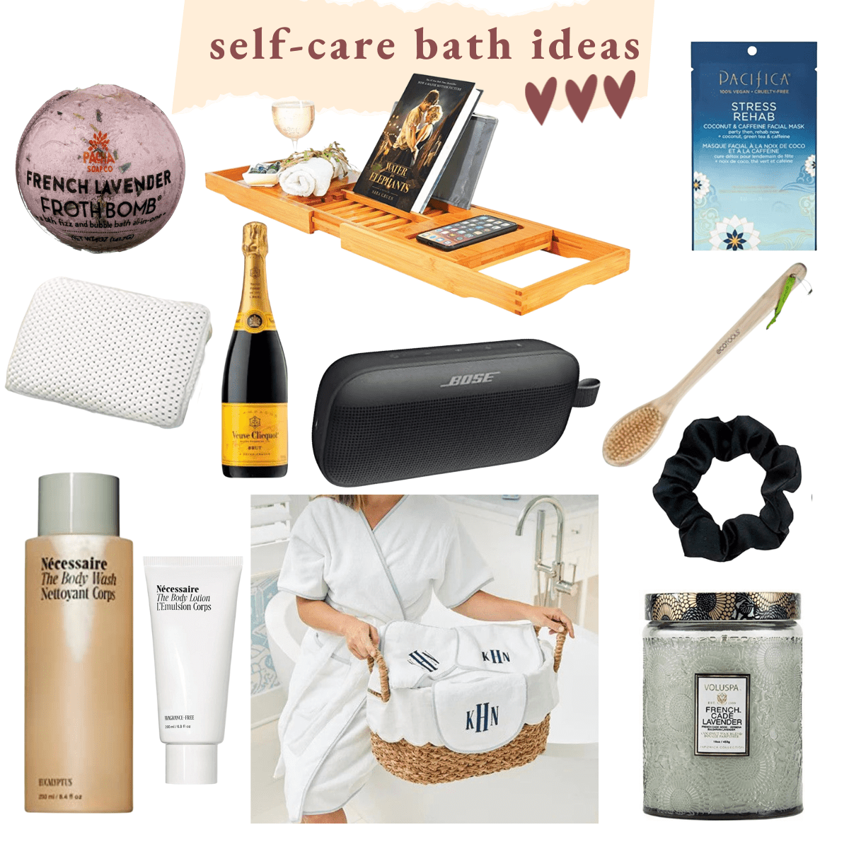 collage of self care bath products