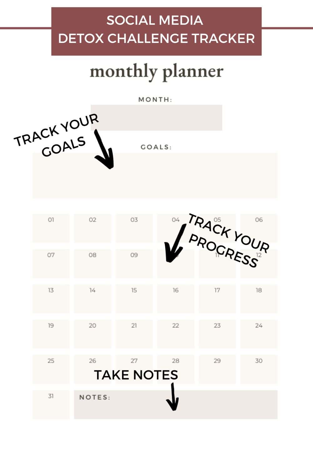 social media detox challenge tracker: track your goals, track your progress, take notes