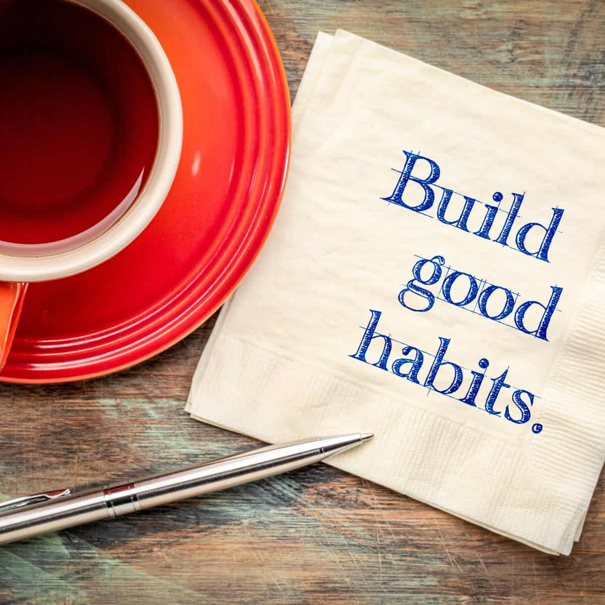 coffee and napkin that says build good habits