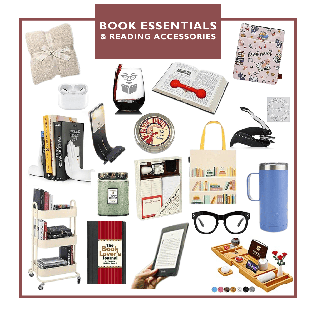 gift guide collage of Book Essentials & Reading Accessories