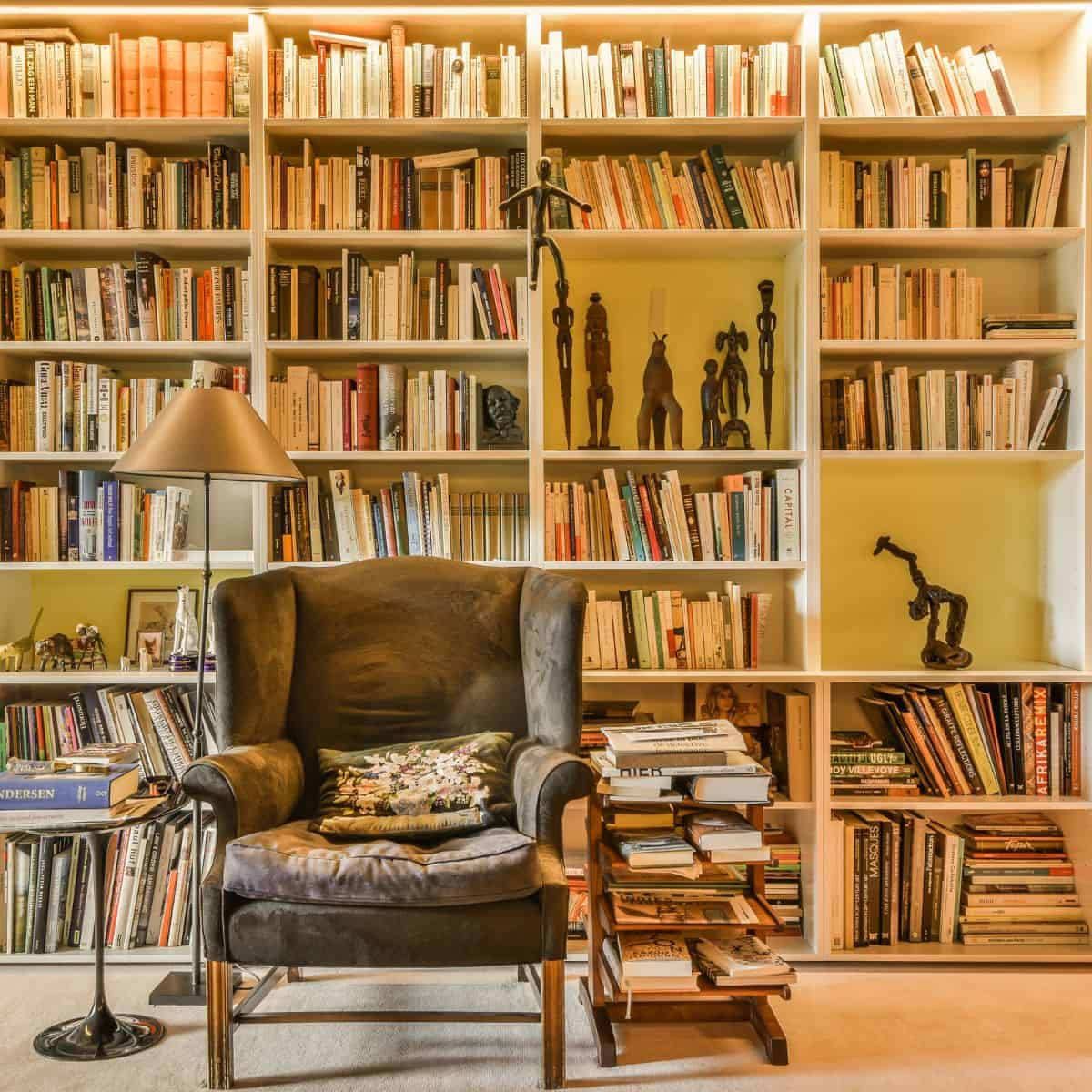 chair in front of bookshelves.