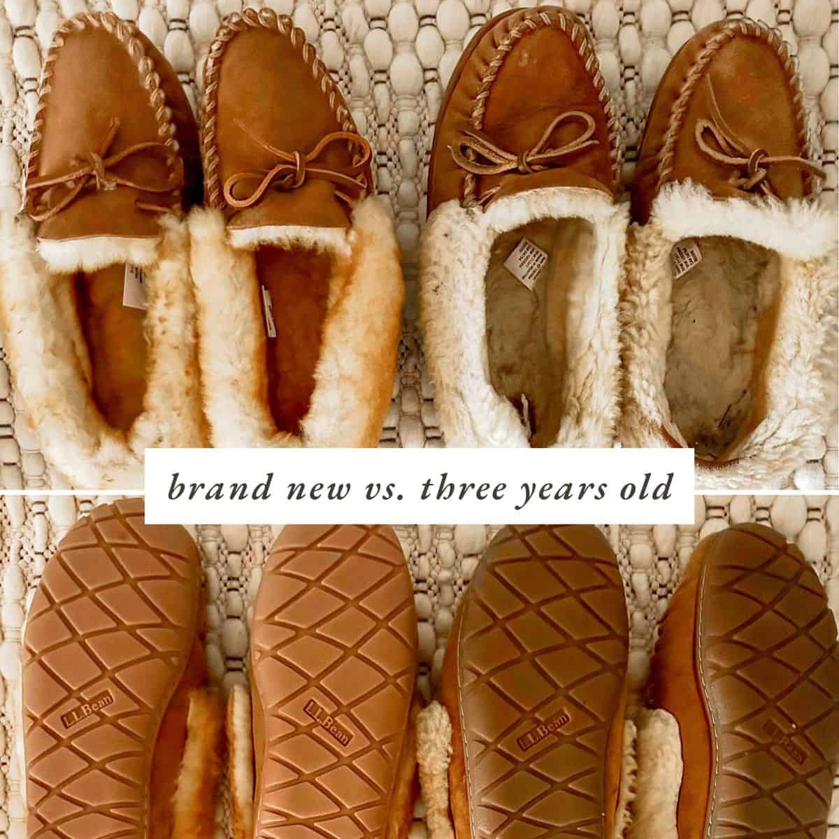 images of the front and back of new ll bean wicked good slippers and old ones.