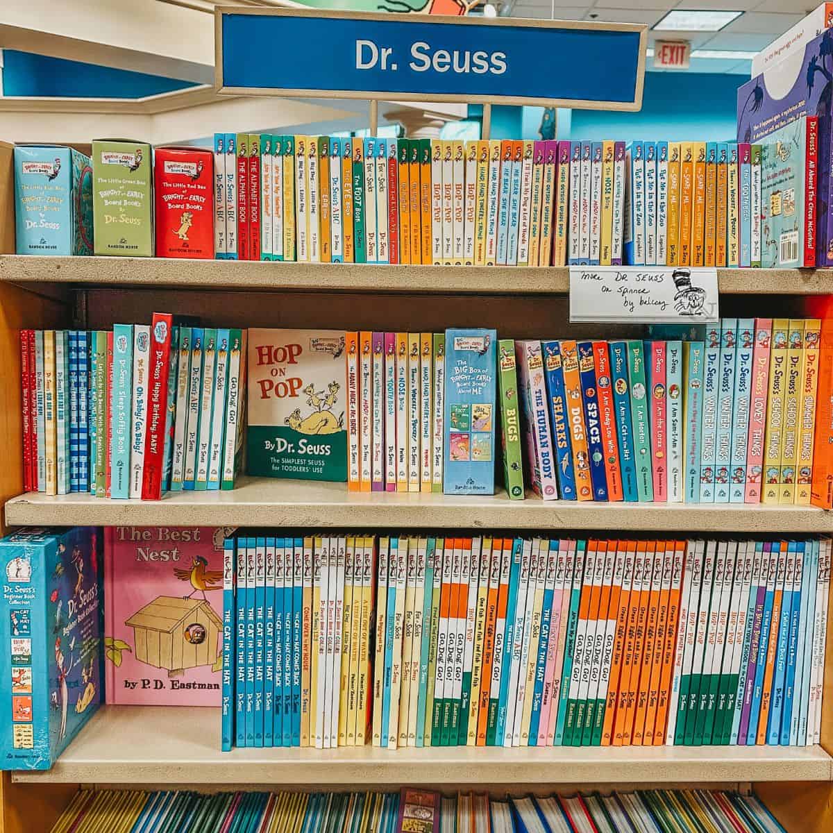Dr Seuss books on bookshelves.