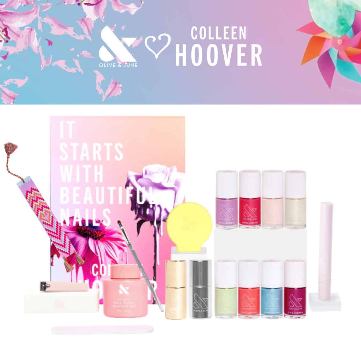 olive and june x colleen hoover collaboration: mani system with nail polishes.