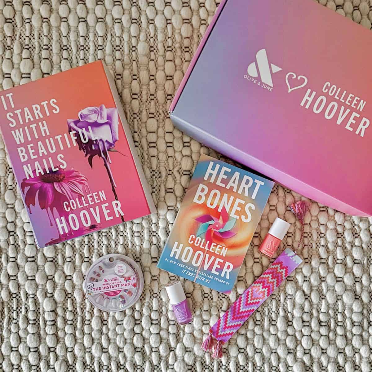 components of olive and junes x colleen hoover's spring nail collab for 2024.