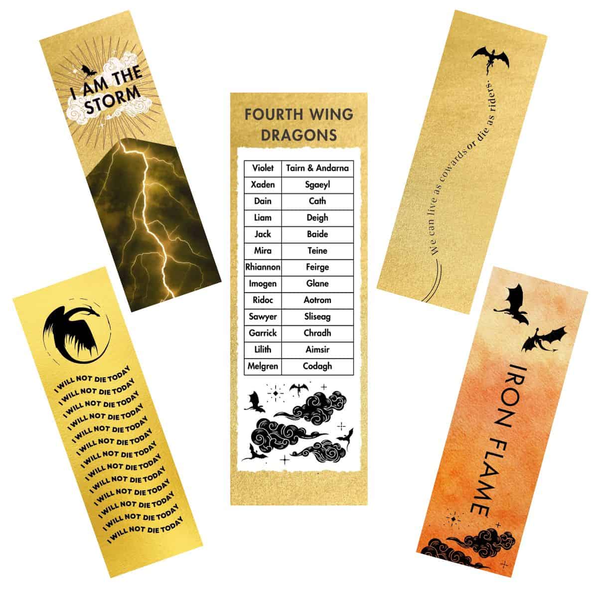 collection of five printable fourth wing bookmarks.